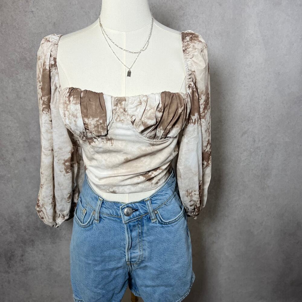 Taupe Western Strapless Cropped Blouse Tie Back Size Medium - Picture 3 of 5